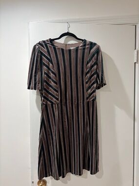 London Times Vertical Striped Midi Dress in Brown and Black
